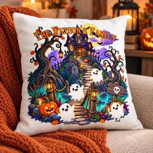 Personalized Family Halloween Throw Pillow Custom Names And Characters, Spooky Haunted Mansion Ghost Pumpkin Cushion