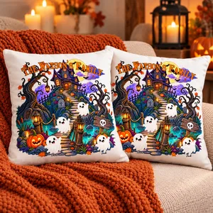 Personalized Family Halloween Throw Pillow Custom Names And Characters, Spooky Haunted Mansion Ghost Pumpkin Cushion