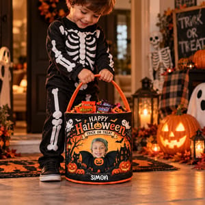 Personalized Halloween Candy Bag Custom Photo Trick Or Treat Bag For Kids – Custom Name Spooky Pumpkin Bat Gift