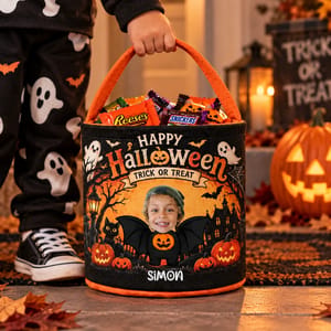 Personalized Halloween Candy Bag Custom Photo Trick Or Treat Bag For Kids – Custom Name Spooky Pumpkin Bat Gift