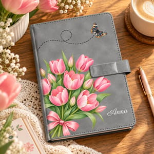 Custom Birth Flower & Name For Her, Coworkers, Friends, Teacher - Personalized Leather Journal