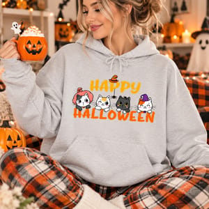 Kawaii Spooky Cats Happy Halloween Graphic Tee