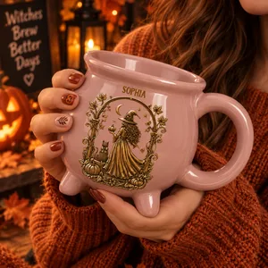 Personalized Cauldron Pottery Mug Custom Name – Witch Mug With Vintage Halloween Witch & Cat Design