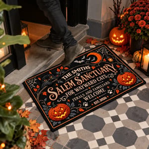 Personalized Halloween Door Mat Custom Family Name & Est Year, Salem Sanctuary Cat Welcome Mat, Black Cat Pumpkin Entryway Decor, Halloween Gift