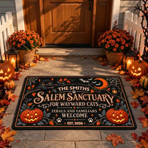 Personalized Halloween Door Mat Custom Family Name & Est Year, Salem Sanctuary Cat Welcome Mat, Black Cat Pumpkin Entryway Decor, Halloween Gift