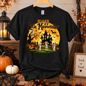 Personalized Cat Halloween T-Shirt Custom Character And Name, Little Meowster Pumpkin Haunted House Shirt