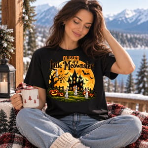 Personalized Cat Halloween T-Shirt Custom Character And Name, Little Meowster Pumpkin Haunted House Shirt