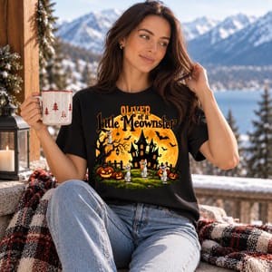 Personalized Cat Halloween T-Shirt Custom Character And Name, Little Meowster Pumpkin Haunted House Shirt