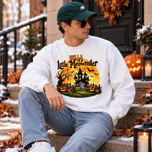 Personalized Cat Halloween Crewneck Custom Character And Name, Little Meowster Pumpkin Ghost House Sweatshirt