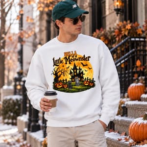 Personalized Cat Halloween Crewneck Custom Character And Name, Little Meowster Pumpkin Ghost House Sweatshirt