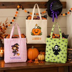 Custom Name Halloween Candy Bag, Personalized Witch Girl Trick or Treat Bag, Pink Gingham Halloween Tote, Cute Halloween Gift for Kids