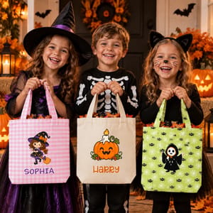 Custom Name Halloween Candy Bag, Personalized Witch Girl Trick or Treat Bag, Pink Gingham Halloween Tote, Cute Halloween Gift for Kids