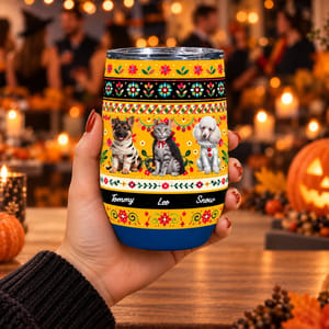 Personalized Wine Tumbler Custom Pet Photo & Name – Halloween Pet Lover Gift With Dog & Cat Spooky Design