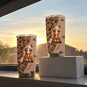 Personalized Cute Horse Tumbler 20oz, Custom Name Glitter Leopard Print Travel Cup