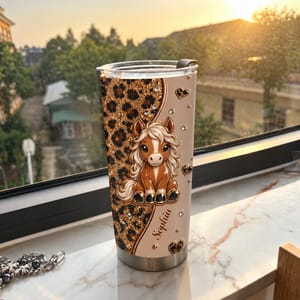 Personalized Cute Horse Tumbler 20oz, Custom Name Glitter Leopard Print Travel Cup