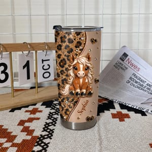 Personalized Cute Horse Tumbler 20oz, Custom Name Glitter Leopard Print Travel Cup