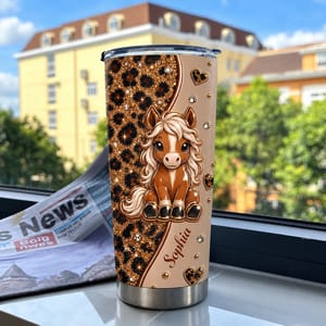 Personalized Cute Horse Tumbler 20oz, Custom Name Glitter Leopard Print Travel Cup