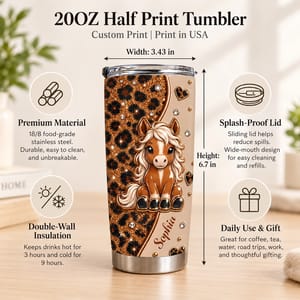 Personalized Cute Horse Tumbler 20oz, Custom Name Glitter Leopard Print Travel Cup