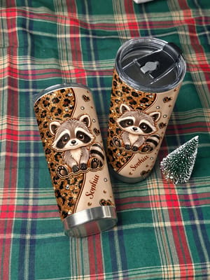 Custom Name Raccoon Tumbler 20oz, Personalized Leopard Print Travel Cup, Cute Raccoon Coffee Tumbler, Animal Lover Gift for Her