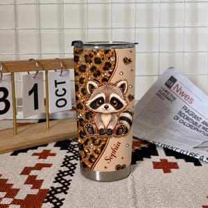 Custom Name Raccoon Tumbler 20oz, Personalized Leopard Print Travel Cup, Cute Raccoon Coffee Tumbler, Animal Lover Gift for Her