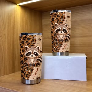 Custom Name Raccoon Tumbler 20oz, Personalized Leopard Print Travel Cup, Cute Raccoon Coffee Tumbler, Animal Lover Gift for Her