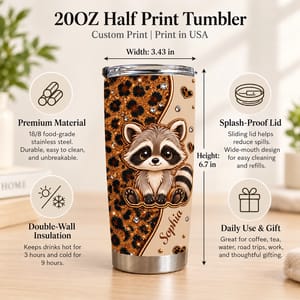 Custom Name Raccoon Tumbler 20oz, Personalized Leopard Print Travel Cup, Cute Raccoon Coffee Tumbler, Animal Lover Gift for Her