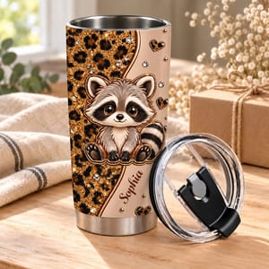 Custom Name Raccoon Tumbler 20oz, Personalized Leopard Print Travel Cup, Cute Raccoon Coffee Tumbler, Animal Lover Gift for Her