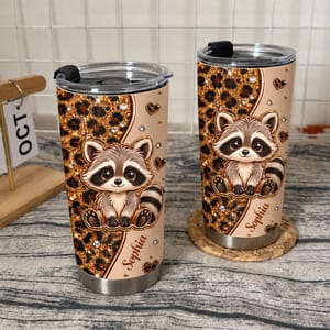 Custom Name Raccoon Tumbler 20oz, Personalized Leopard Print Travel Cup, Cute Raccoon Coffee Tumbler, Animal Lover Gift for Her