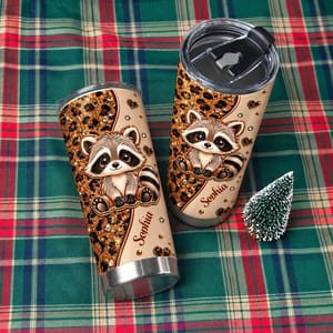 Custom Name Raccoon Tumbler 20oz, Personalized Leopard Print Travel Cup, Cute Raccoon Coffee Tumbler, Animal Lover Gift for Her