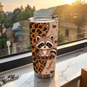 Custom Name Raccoon Tumbler 20oz, Personalized Leopard Print Travel Cup, Cute Raccoon Coffee Tumbler, Animal Lover Gift for Her