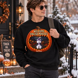 Personalized Welcome Foolish Mortals Sweatshirt, Cute Witch Dog Pumpkin Graphic, Custom Name Halloween Pullover