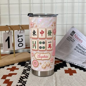 Personalized Mahjong Tumbler – Custom Name Pink Mahjong Tiles 20oz Stainless Steel Tumbler, Mahjong Lover Gift for Women, Mahjong Player Birthday Gift