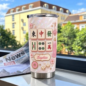 Personalized Mahjong Tumbler – Custom Name Pink Mahjong Tiles 20oz Stainless Steel Tumbler, Mahjong Lover Gift for Women, Mahjong Player Birthday Gift
