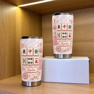 Personalized Mahjong Tumbler – Custom Name Pink Mahjong Tiles 20oz Stainless Steel Tumbler, Mahjong Lover Gift for Women, Mahjong Player Birthday Gift