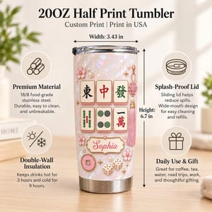 Personalized Mahjong Tumbler – Custom Name Pink Mahjong Tiles 20oz Stainless Steel Tumbler, Mahjong Lover Gift for Women, Mahjong Player Birthday Gift