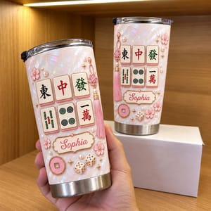 Personalized Mahjong Tumbler – Custom Name Pink Mahjong Tiles 20oz Stainless Steel Tumbler, Mahjong Lover Gift for Women, Mahjong Player Birthday Gift