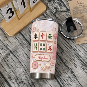 Personalized Mahjong Tumbler – Custom Name Pink Mahjong Tiles 20oz Stainless Steel Tumbler, Mahjong Lover Gift for Women, Mahjong Player Birthday Gift