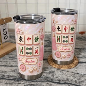 Personalized Mahjong Tumbler – Custom Name Pink Mahjong Tiles 20oz Stainless Steel Tumbler, Mahjong Lover Gift for Women, Mahjong Player Birthday Gift