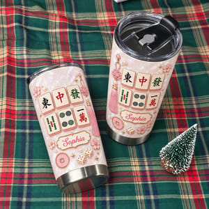 Personalized Mahjong Tumbler – Custom Name Pink Mahjong Tiles 20oz Stainless Steel Tumbler, Mahjong Lover Gift for Women, Mahjong Player Birthday Gift