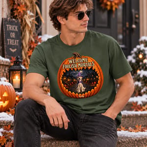 Personalized Welcome Foolish Mortals T-Shirt, Halloween Pumpkin Pet Graphic, Custom Pet Name Fall Shirt