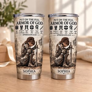 Personalized Armor of God Tumbler – Ephesians 6:10 Bible Verse 20oz Stainless Steel Tumbler, Custom Name Christian Warrior Cup, Religious Gift for Women and Men