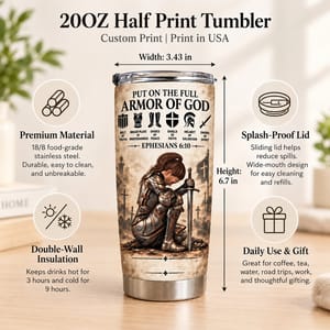 Personalized Armor of God Tumbler – Ephesians 6:10 Bible Verse 20oz Stainless Steel Tumbler, Custom Name Christian Warrior Cup, Religious Gift for Women and Men
