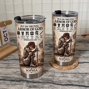 Personalized Armor of God Tumbler – Ephesians 6:10 Bible Verse 20oz Stainless Steel Tumbler, Custom Name Christian Warrior Cup, Religious Gift for Women and Men