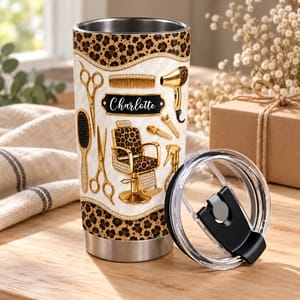 Personalized Hair Stylist Tumbler 20oz, Custom Name Leopard Print Salon Tools Travel Cup