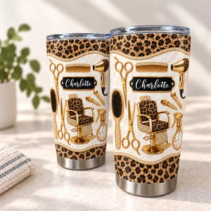 Personalized Hair Stylist Tumbler 20oz, Custom Name Leopard Print Salon Tools Travel Cup