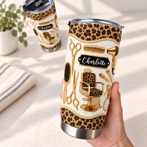 Personalized Hair Stylist Tumbler 20oz, Custom Name Leopard Print Salon Tools Travel Cup