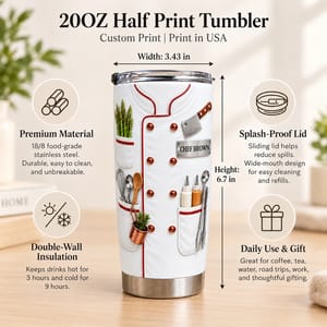 Personalized Chef Tumbler 20oz Custom Name, Chef Coat Kitchen Travel Cup, Culinary Professional Coffee Tumbler, Gift for Chef Cook