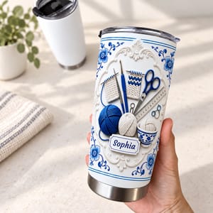 Personalized Knitting and Crochet Tumbler – Custom Name Blue Floral Yarn Design 20oz Stainless Steel Tumbler, Crochet Lover Gift, Knitting Gift for Women