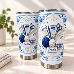 Personalized Knitting and Crochet Tumbler – Custom Name Blue Floral Yarn Design 20oz Stainless Steel Tumbler, Crochet Lover Gift, Knitting Gift for Women