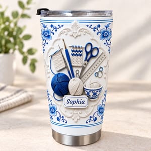 Personalized Knitting and Crochet Tumbler – Custom Name Blue Floral Yarn Design 20oz Stainless Steel Tumbler, Crochet Lover Gift, Knitting Gift for Women